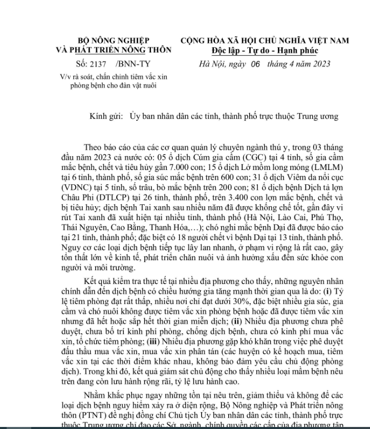 Công văn số 2137/BNN-TY