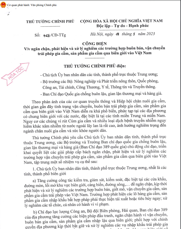 Công điện  số 426/CĐ-TTg 