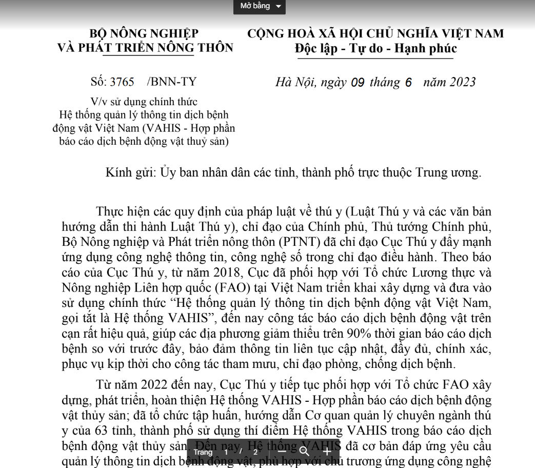 Sử dụng chính thức hợp phần báo cáo dịch bệnh động vật thủy sản  trên Hệ thống quản lý thông tin dịch bệnh động vật Việt Nam (VAHIS)