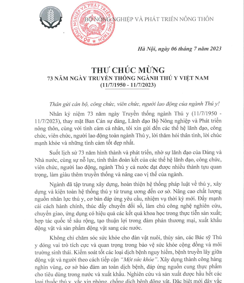 Thư chúc mừng 73 năm ngày truyền thống ngành Thú y Việt Nam