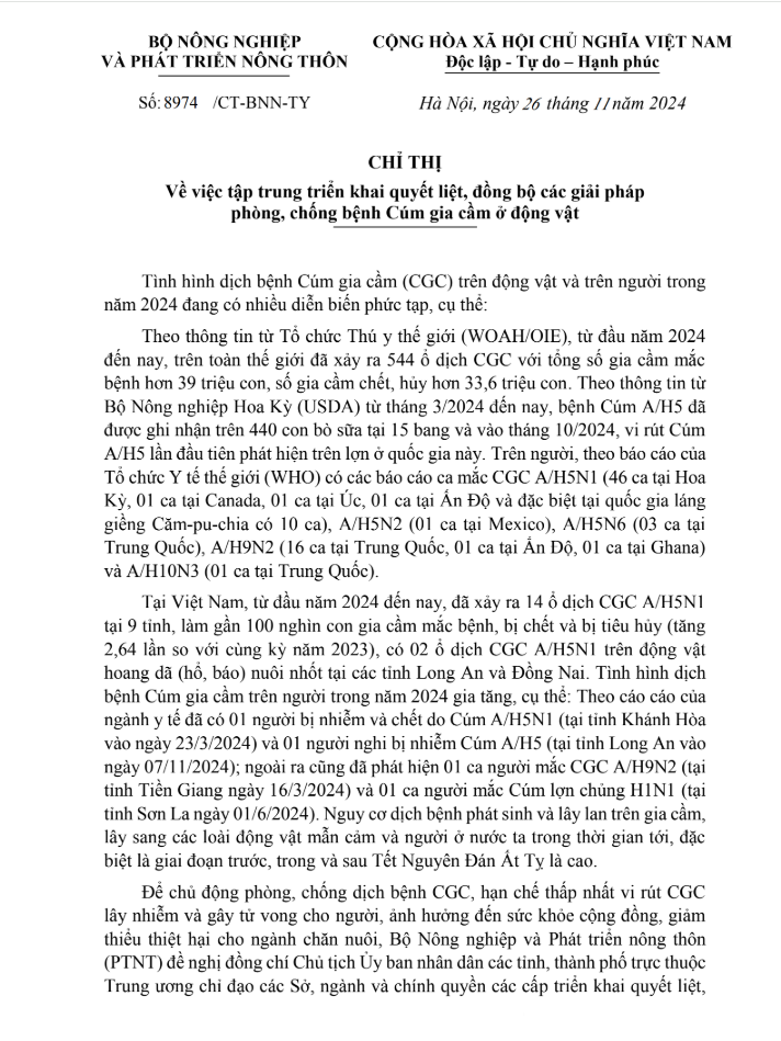 Chỉ thị số 8974/CT-BNN-TY về việc tập trung triển khai quyết liệt, đồng bộ các giải pháp phòng, chống bệnh Cúm gia cầm ở động vật