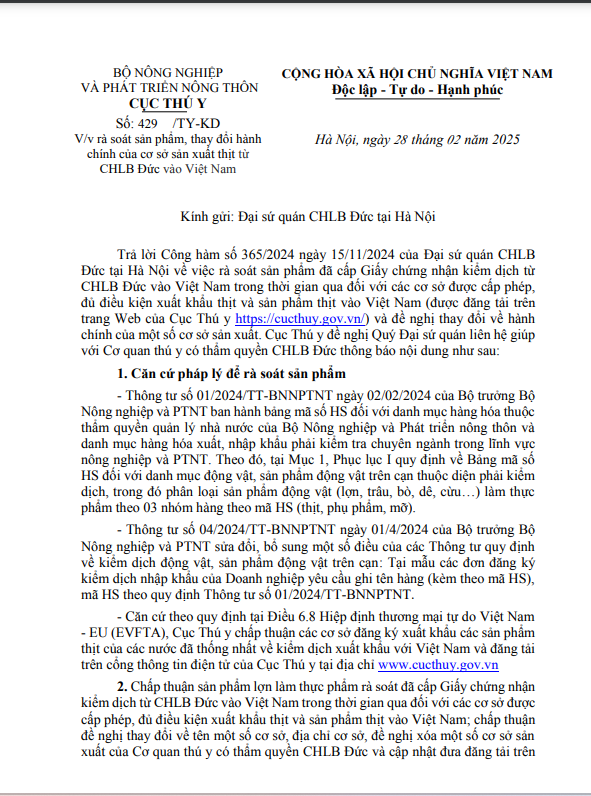 Công văn số 429/TY-KD ngày 28/02/2025 về việc rà soát và cập nhật tên hàng, thay đổi hành chính của các cơ sở  đã  được chấp thuận xuất khẩu sản phẩm lợn làm thực phẩm từ CHLB Đức vào Việt Nam.