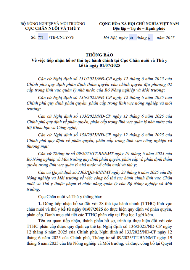 Thông báo về việc tiếp nhận hồ sơ thủ tục hành chính tại Cục Chăn nuôi và Thú y kể từ ngày 01/07/2025