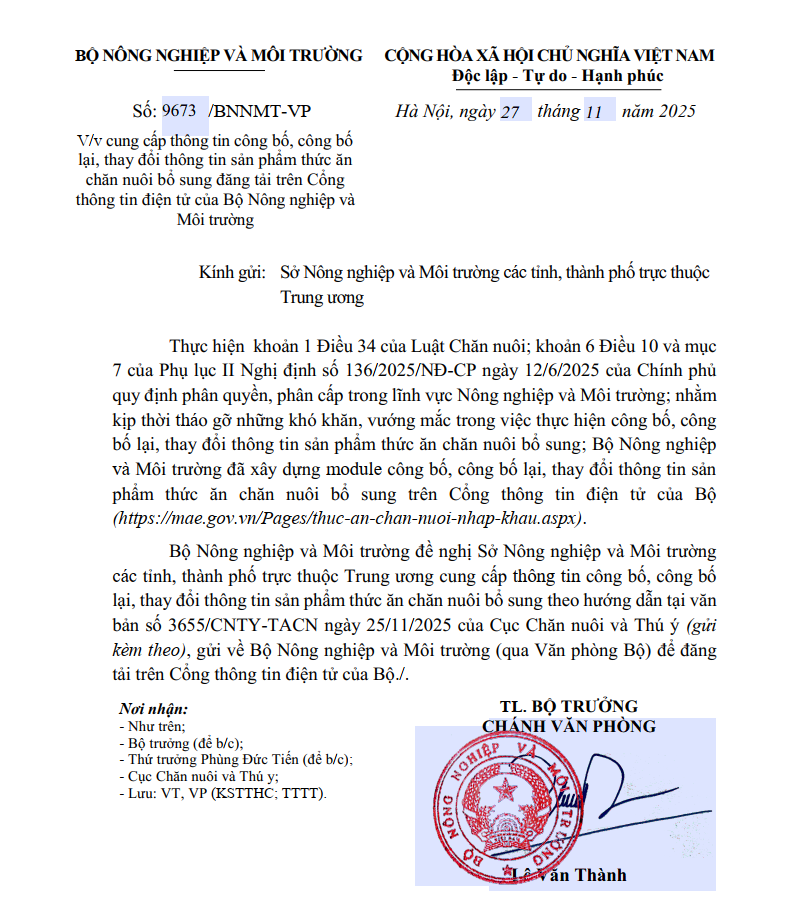 V/v cung cấp thông tin công bố, công bố lại, thay đổi thông tin sản phẩm thức ăn chăn nuôi bổ sung đăng tải trên Cổng thông tin điện tử của Bộ Nông nghiệp và Môi trường.