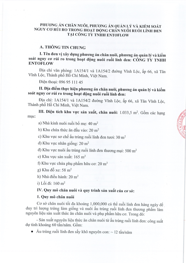 Thông báo công khai phương án chăn nuôi, phương án quản lý và kiểm soát nguy cơ rủi ro trong hoạt động chăn nuôi ruồi lính đen của Công ty TNHH Entoflow