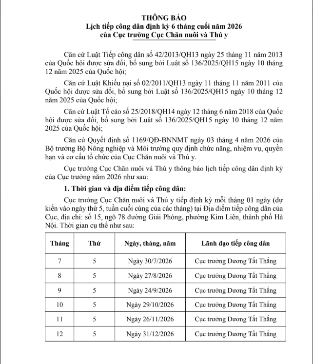 Thông báo lịch tiếp công dân của Cục Chăn nuôi và Thú y.